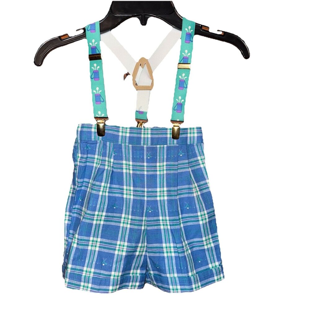 Boys Vintage Plaid Shorts & Suspenders Golf Clubs Easter 18 Months Blue Green